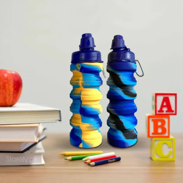 2 silicone bottles, one is blue and black, the other is yellow and blue
