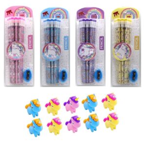 Unicorn Writing Pencils Pack of 12 with Eraser and Sharpeners - Yellow